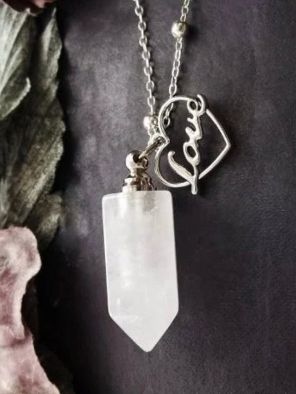 White Quartz Crystal Perfume Bottle Necklace Love Heart Silver Plated Chain